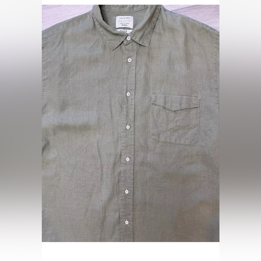 ALEX KNOST RVCA MENS LINEN SHIRT EXTRA LARGE XL GREEN BUTTON UP FRONT POCKET - Picture 3 of 5